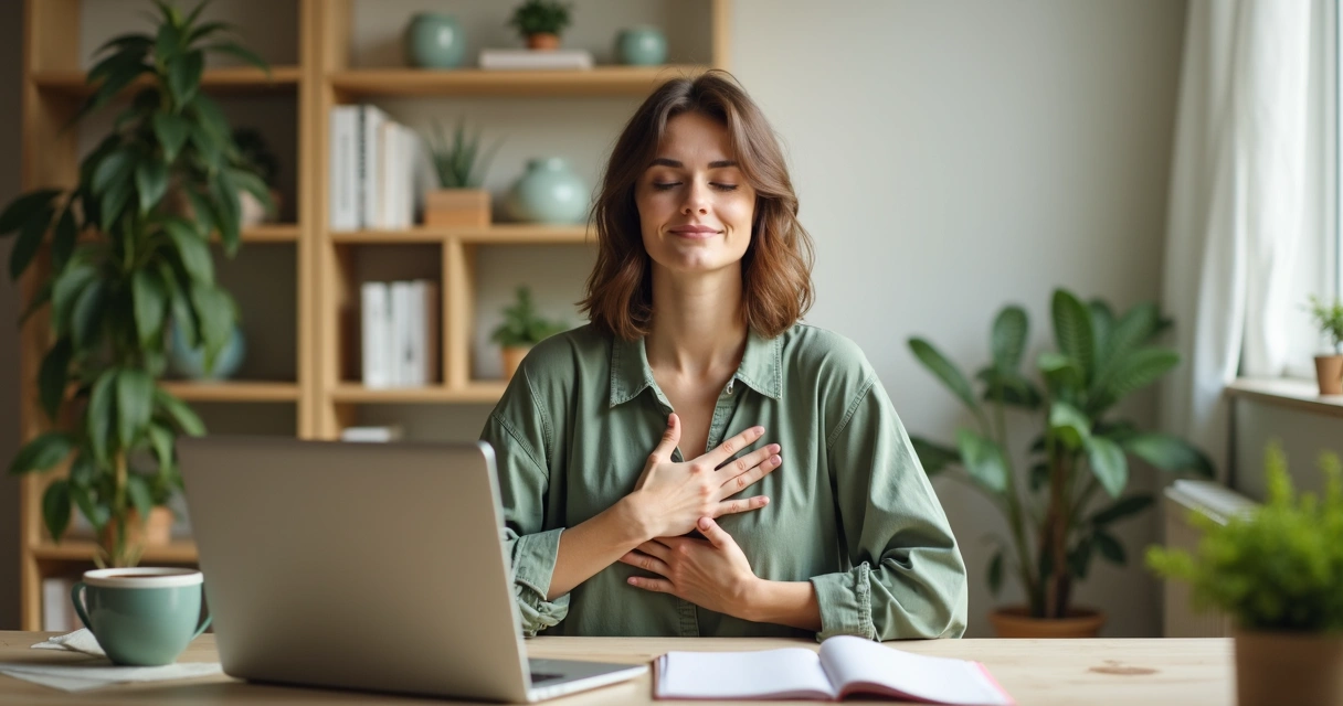 Pessoa fazendo pausa consciente em mesa de trabalho organizada 