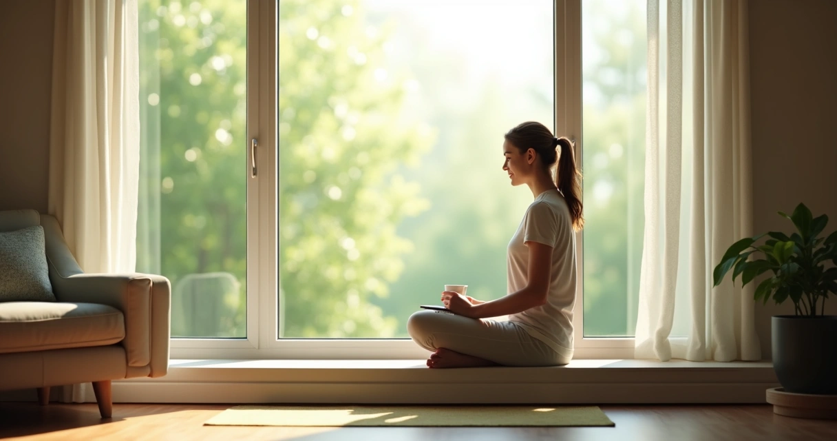 Pessoa praticando autocuidado, sentada sozinha olhando pela janela.