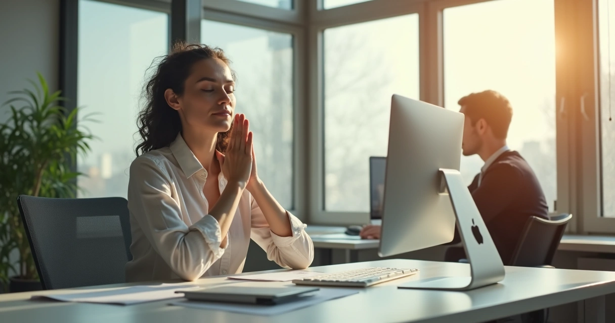 Persona sentada en oficina tomando un momento de pausa y respiración 