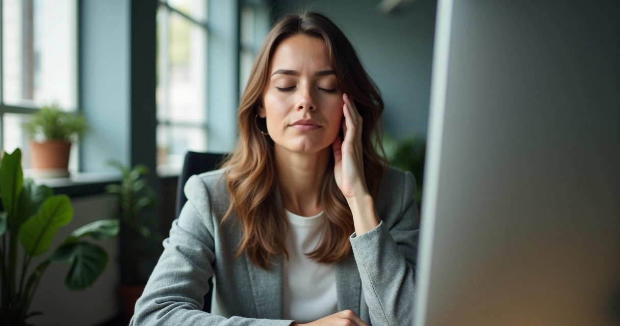 Pessoa fazendo pausa de autocuidado em ambiente de escritório