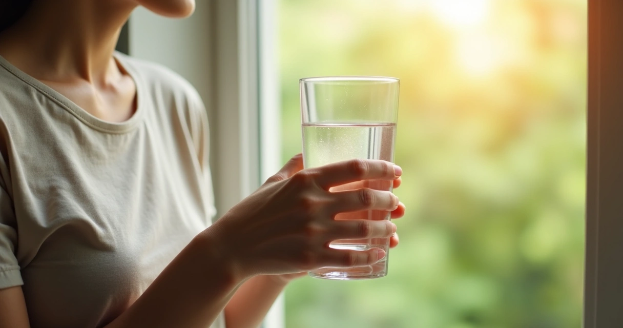Pessoa segurando copo de água próximo à janela 