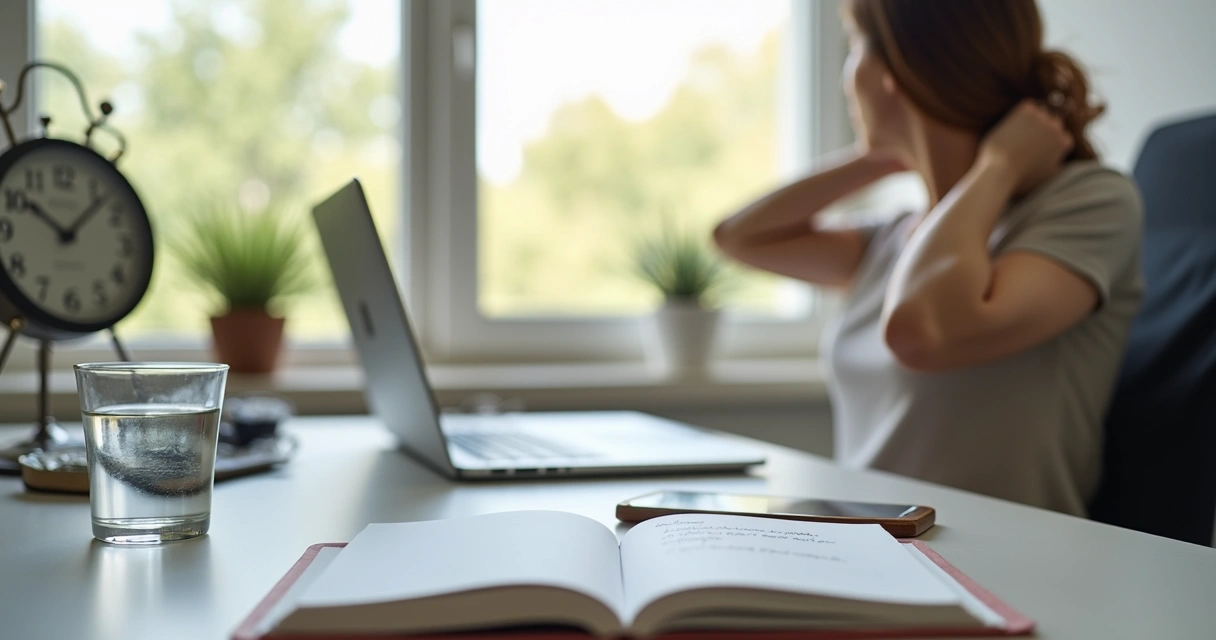 Pausa breve en escritorio con agua y libreta