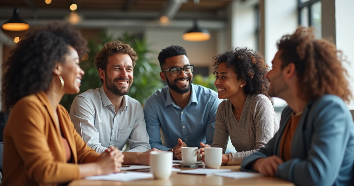 Coleg as de trabalho conversando animados em pausa para o café 