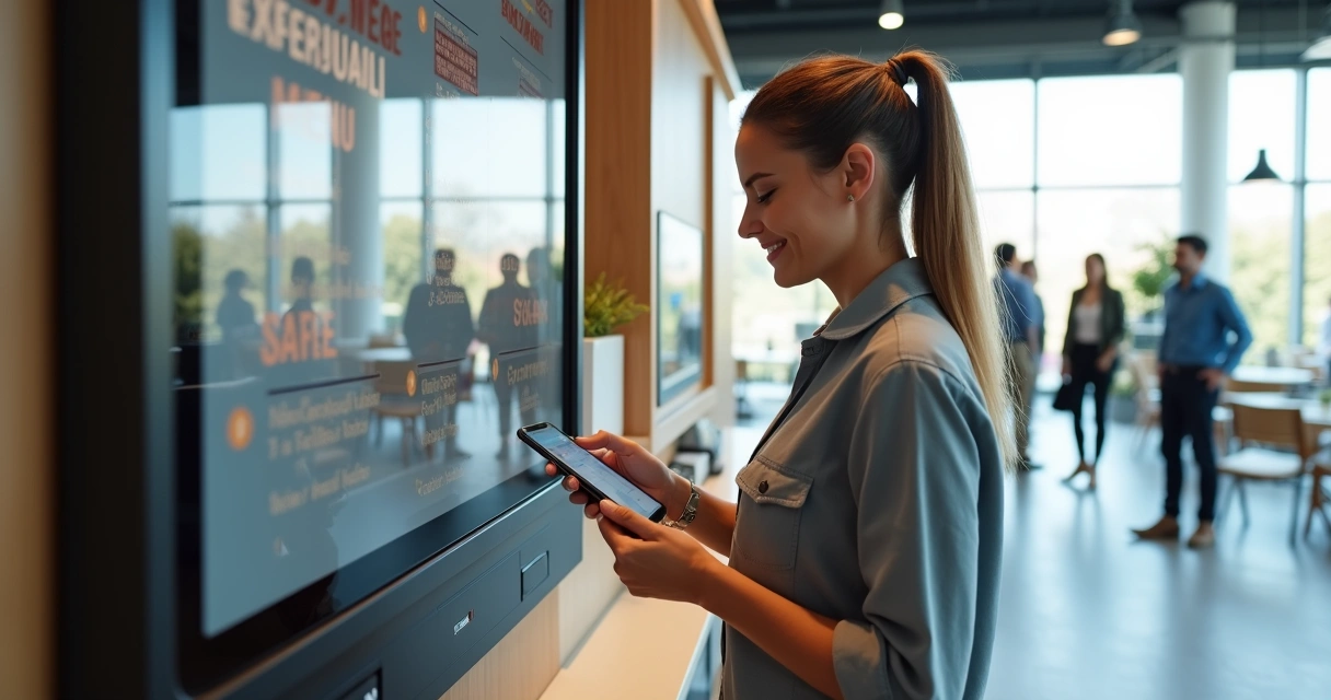 Funcionário acessando cardápio digital em café corporativo 