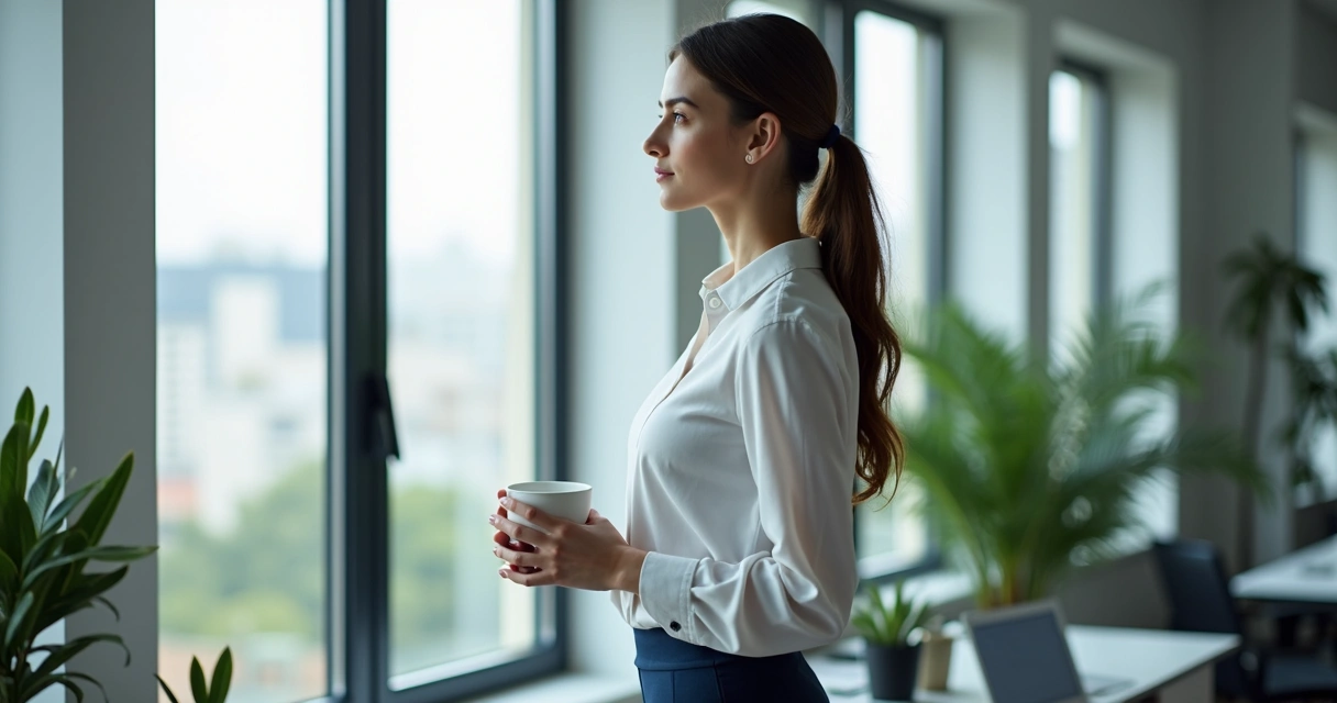 Profissional fazendo pausa para café em escritório moderno