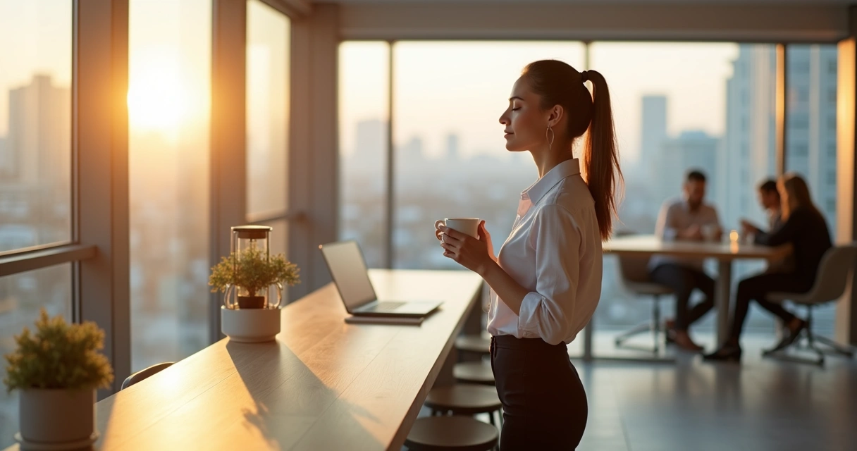 Profissional em escritório em pé perto da janela segurando xícara de café em momento de pausa consciente 