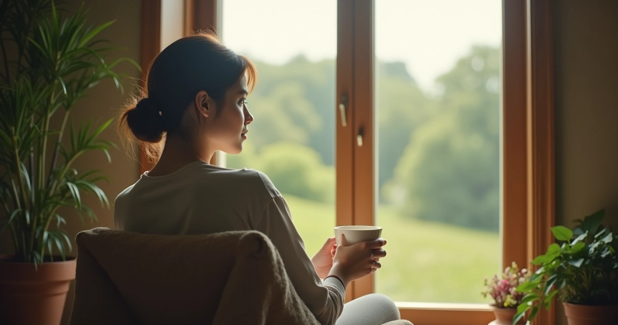 Pessoa sentada próxima a uma janela tomando café atenta à paisagem 