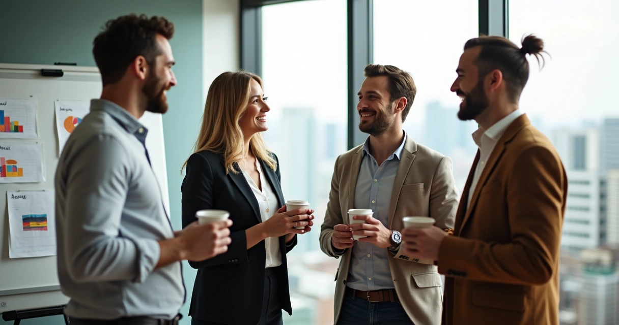Pessoas em reunião fazendo pausa para café e conversa leve 