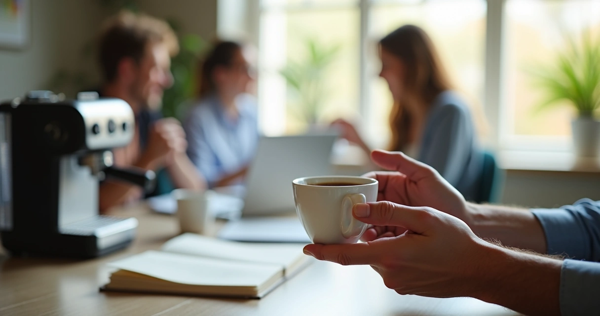 Colaborador segurando xícara de café em ambiente de escritório 
