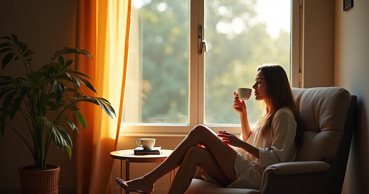 Pessoa tomando café em uma pausa durante o trabalho, sentada ao lado de janela com luz natural 