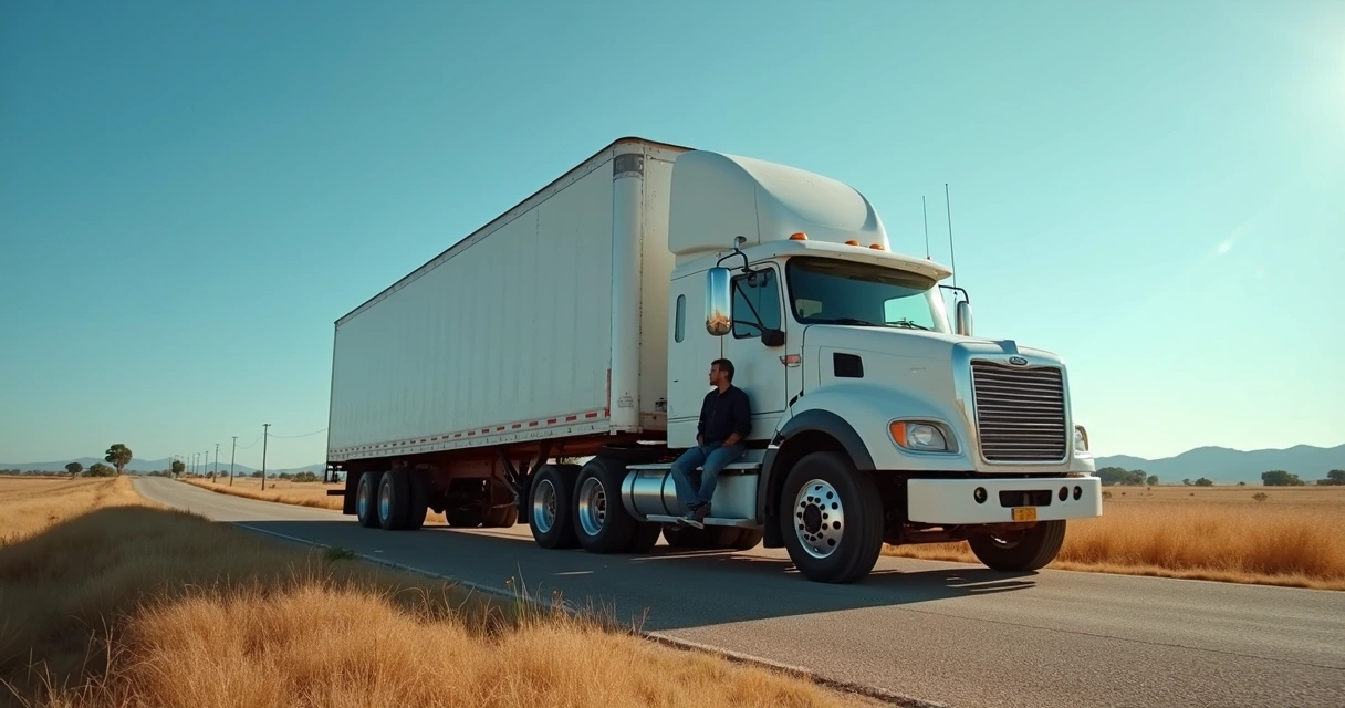 Caminhoneiro descansando próximo ao caminhão na estrada em Goiás