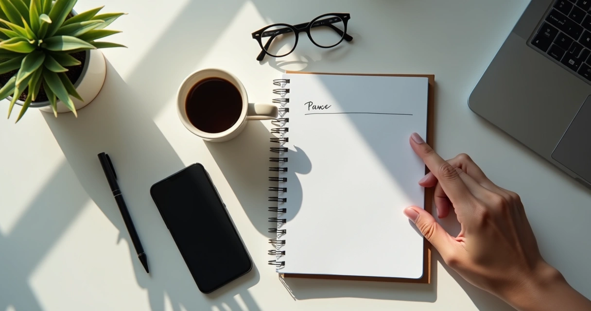 Celular sobre mesa com caderno, xícara e mão em pausa antes do toque 