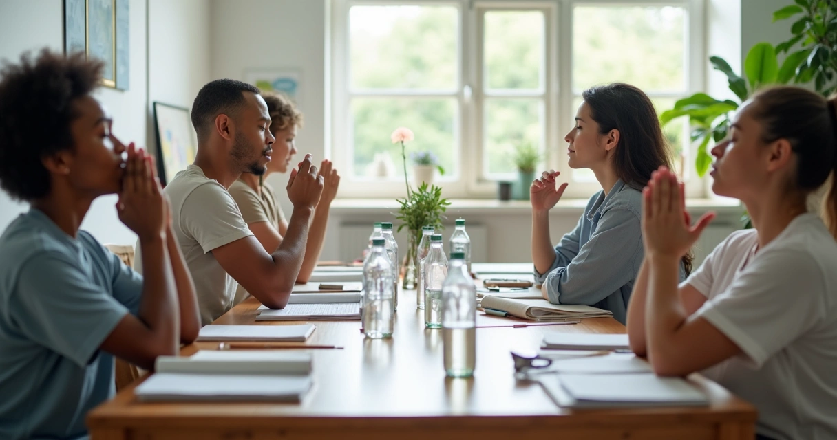 Grupo em pausa breve com água e alongamento no trabalho 