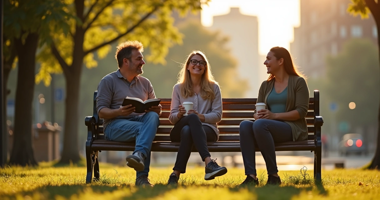 Três pessoas sentadas em um parque, conversando e sorrindo, rodeadas por árvores e luz suave de fim de tarde