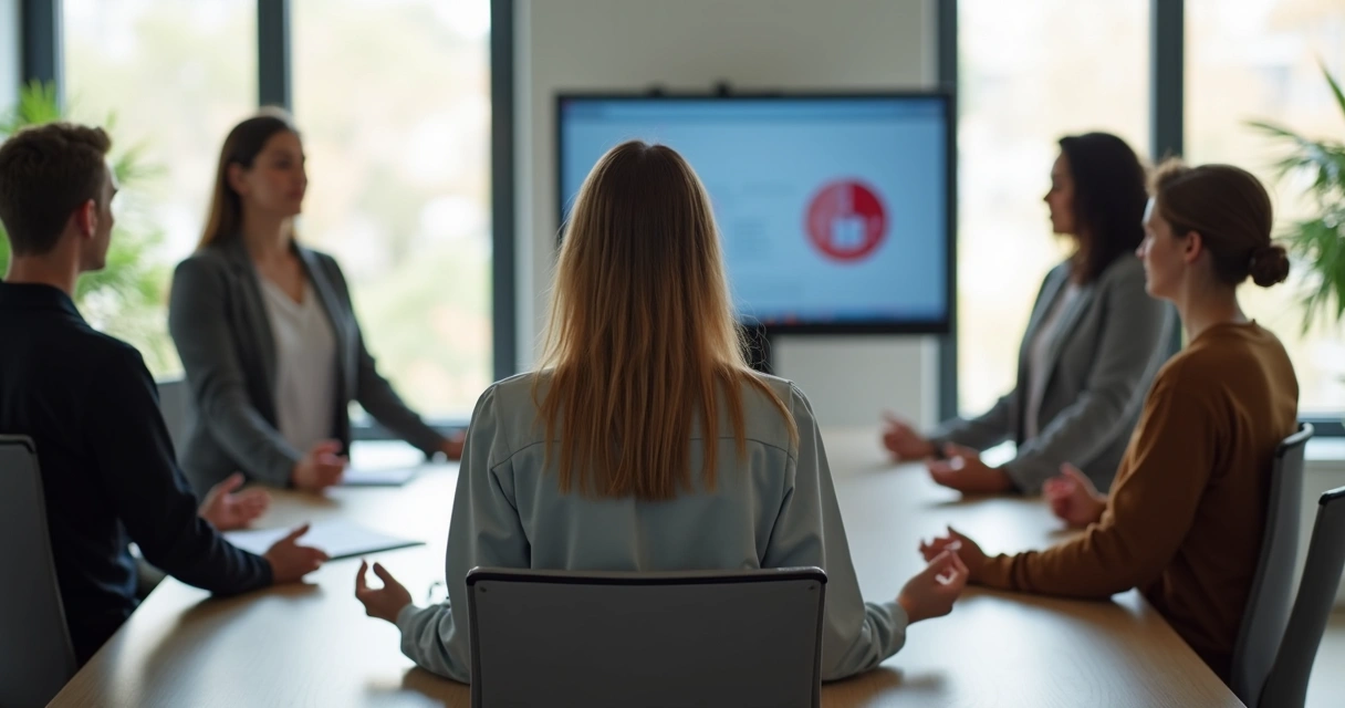 Equipe em pé ao redor de uma mesa fazendo uma pausa de olhos fechados antes de reunião