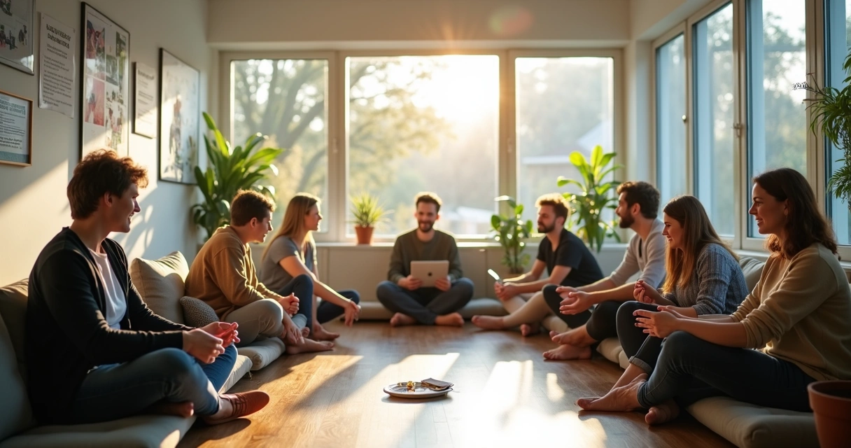 Trabalhadores fazendo pausa coletiva para relaxamento em empresa
