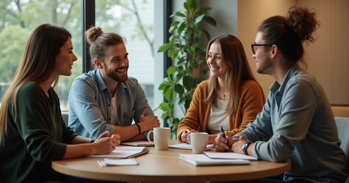 Grupo fazendo pausa breve em espaço de trabalho colaborativo