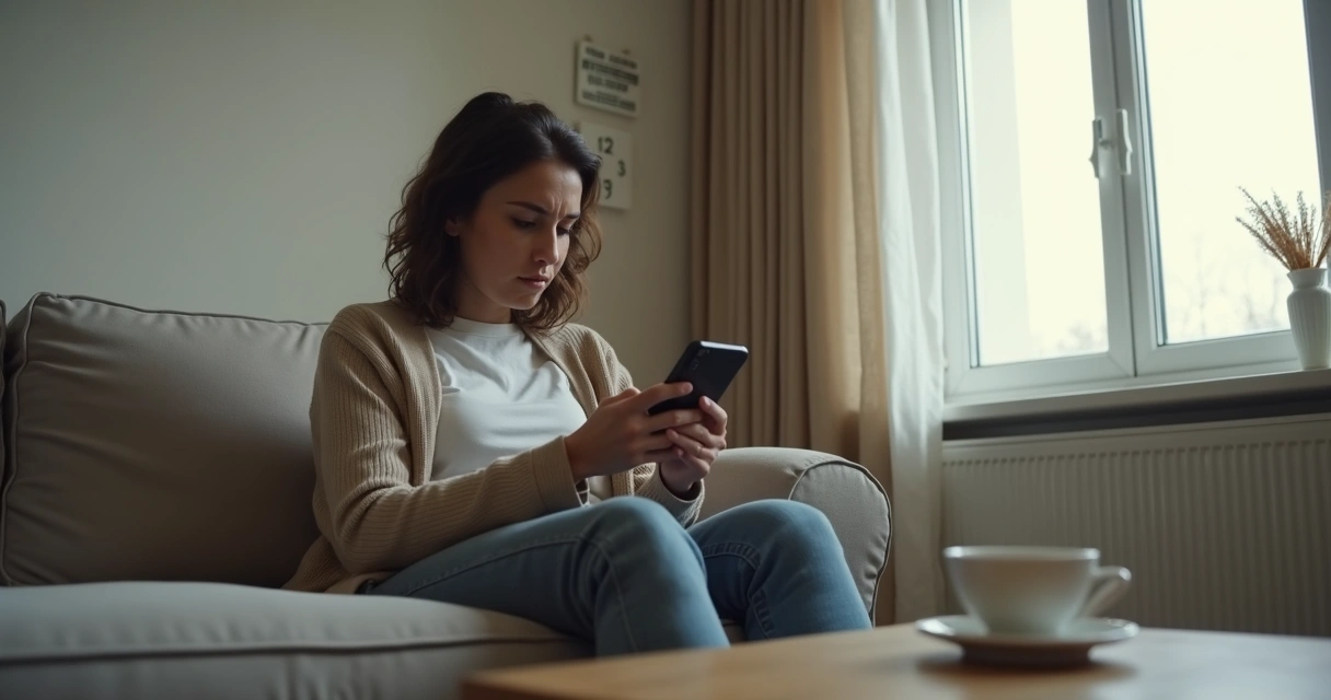 Pessoa sentada no sofá olhando o celular em uma sala silenciosa