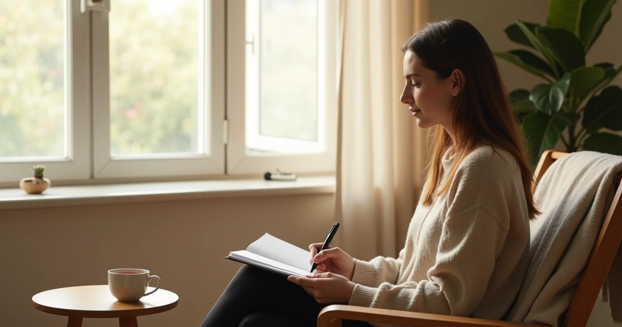 Pessoa sentada em silêncio com caderno e chá perto da janela