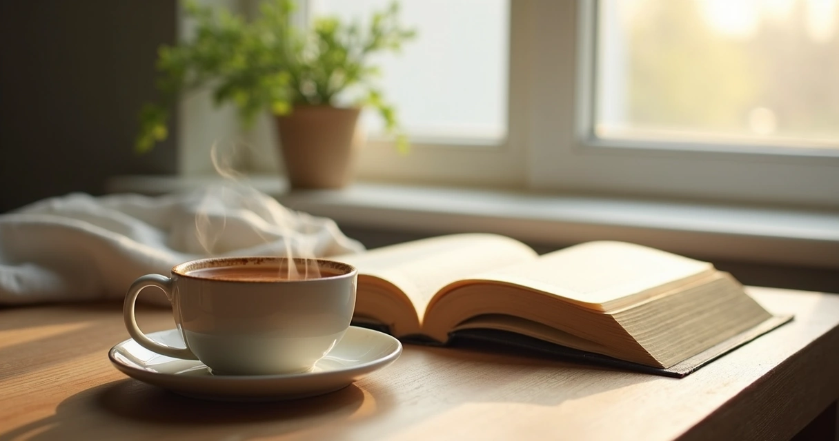 Libro y taza de té en una mesa junto a una ventana