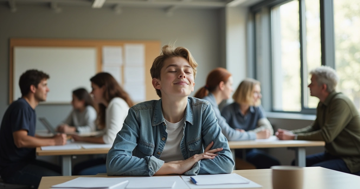 Pessoa em ambiente coletivo fazendo pausa de olhos fechados