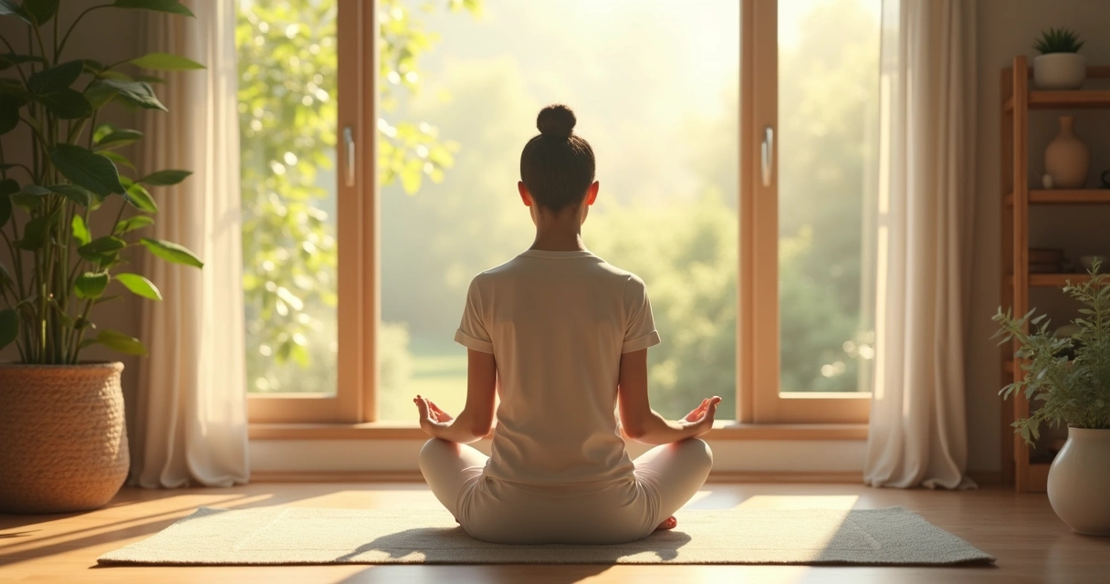 Pessoa fazendo pausa consciente sentada em ambiente tranquilo com luz natural, olhando pela janela. 