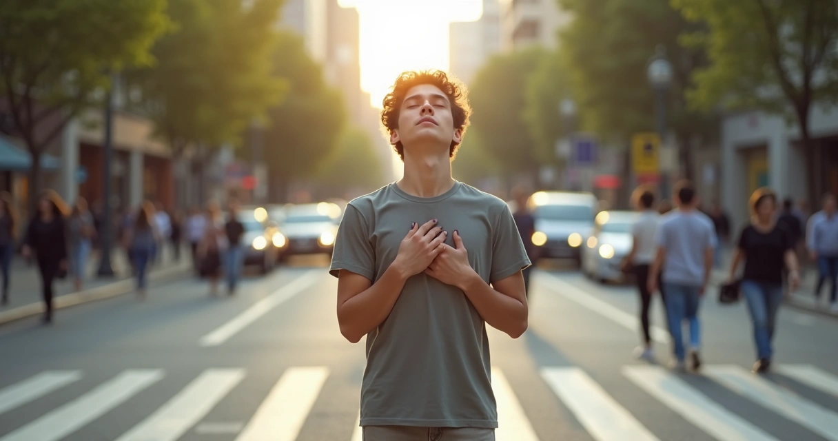 Pessoa parada em pé ao lado de uma rua movimentada, olhos fechados, mãos apoiadas suavemente no peito, sentindo a respiração 