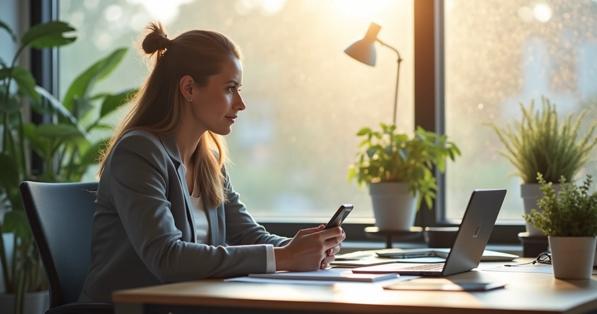 Gestora faz pausa olhando pela janela com telefone desligado sobre a mesa 