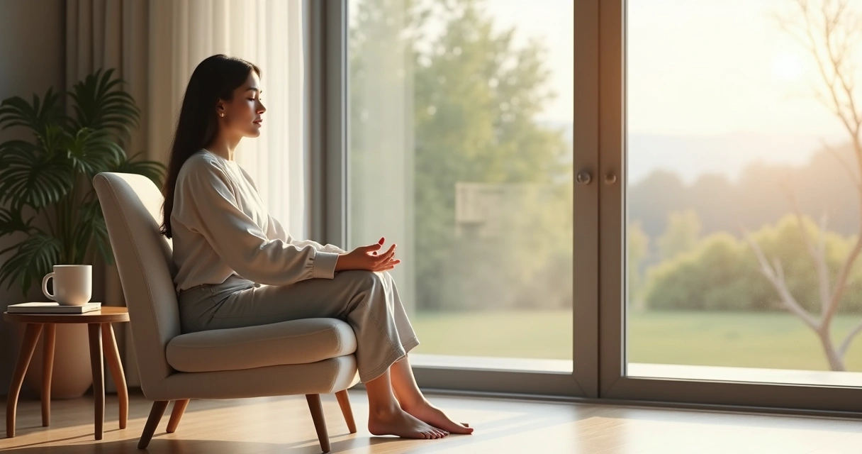Pessoa sentada em silêncio perto da janela com luz suave, em postura de pausa consciente 