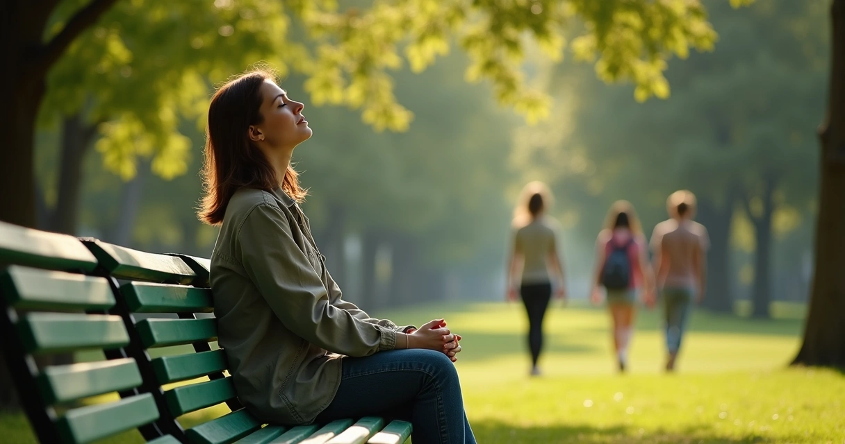 Pessoa sentada calmamente em um parque verde, olhos fechados e respirando tranquilamente 