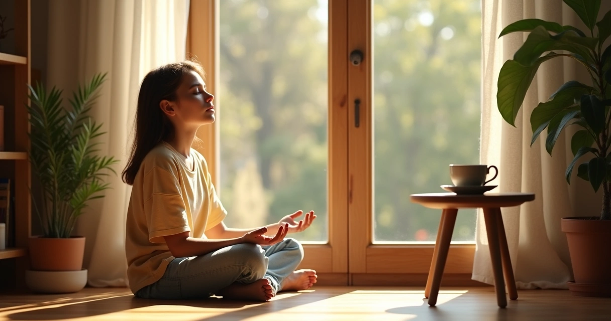Pessoa sentada com olhos fechados, respirando profundamente 