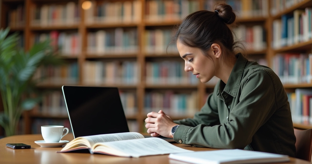 Pausa consciente de estudio en una biblioteca universitaria