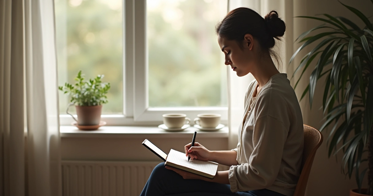 Pessoa fazendo pausa consciente com caderno e chá 