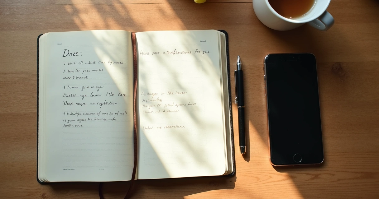 Caderno aberto com celular ao lado e xícara sobre a mesa