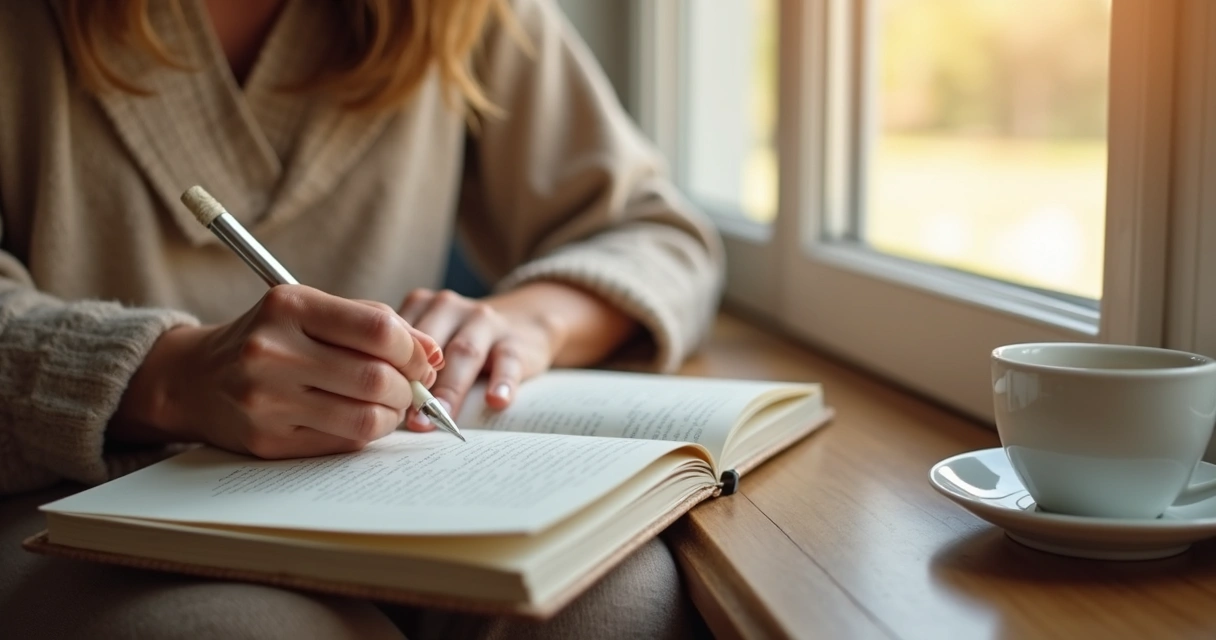 Pessoa sentada escrevendo em caderno durante pausa consciente 