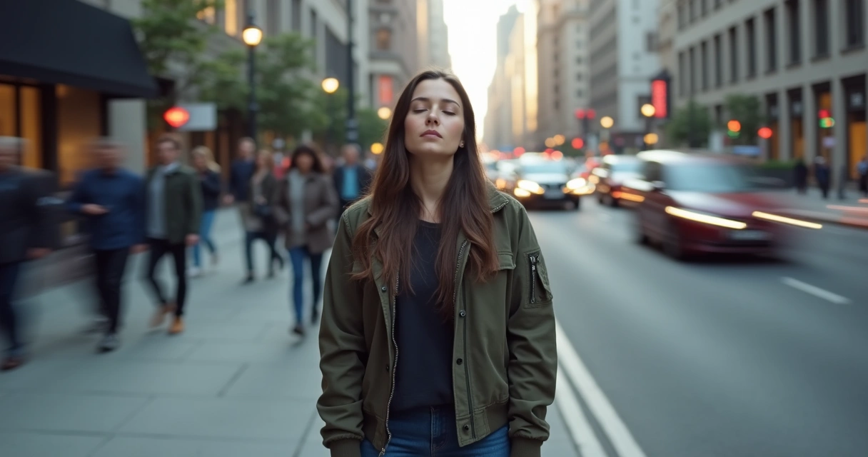 Persona de pie en una acera de ciudad, en pausa mientras autos y peatones se mueven a su alrededor