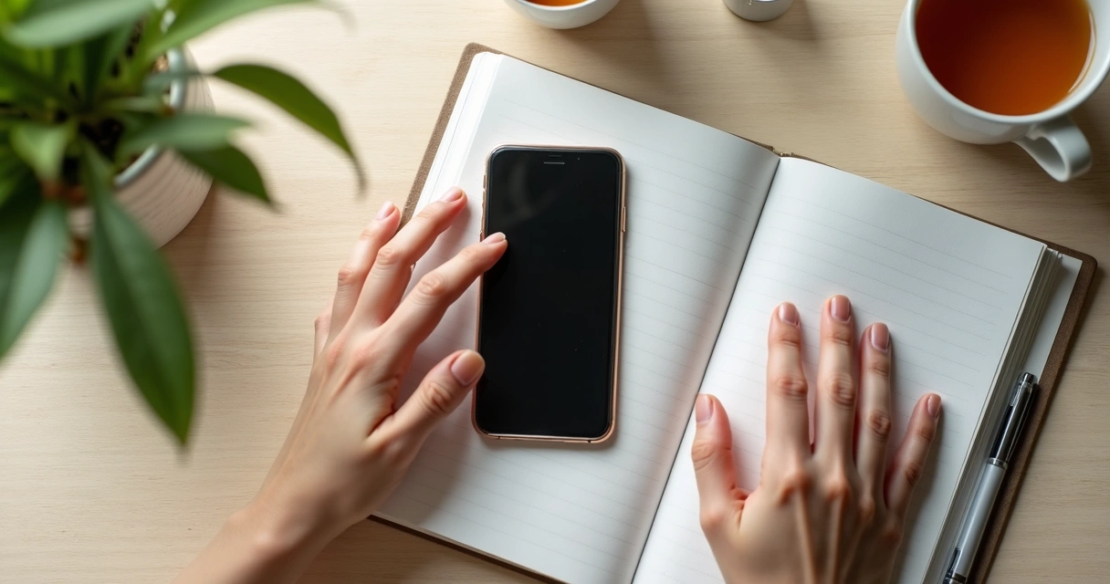 Mãos segurando celular ao lado de xícara e caderno