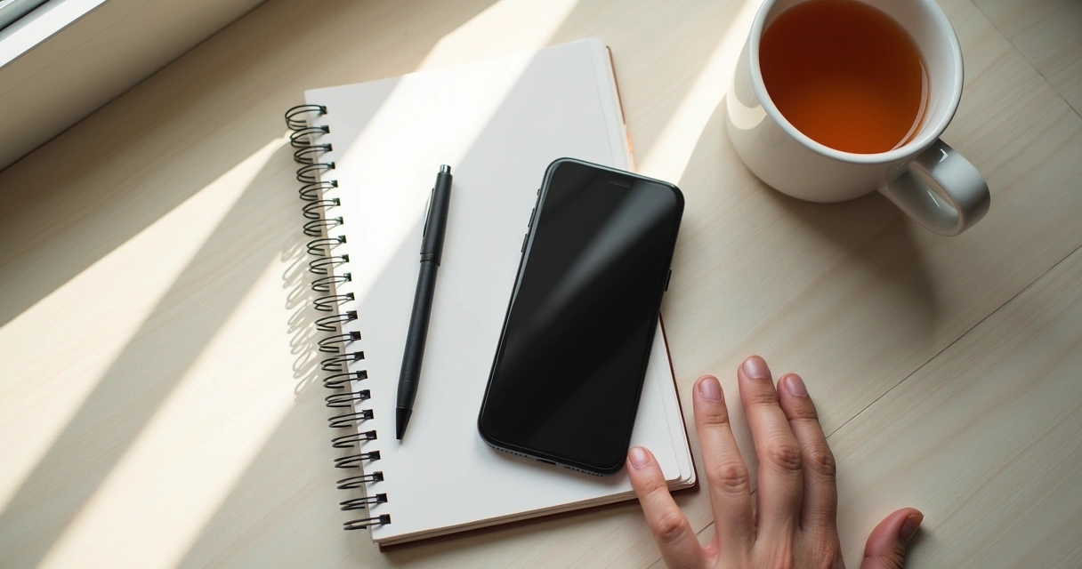 Mão segurando celular ao lado de caderno e xícara