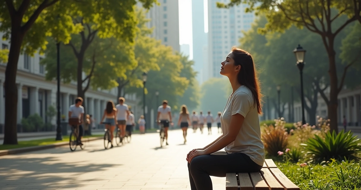 Pessoa sentada em banco urbano fazendo pausa silenciosa