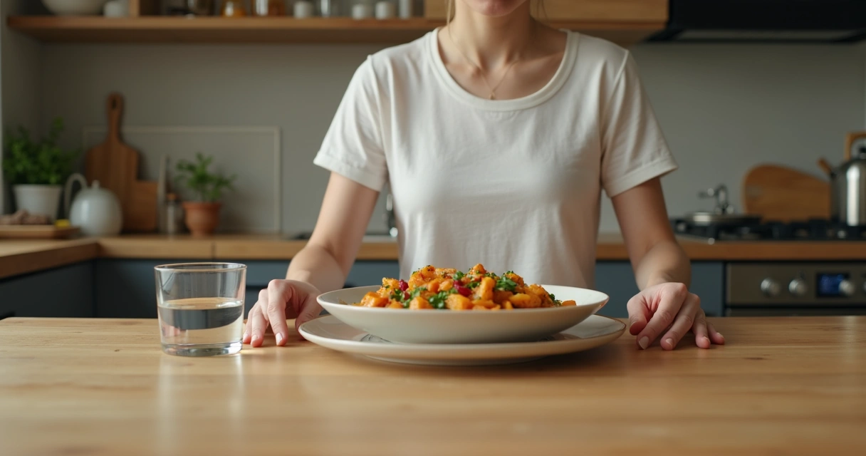 Persona haciendo una pausa consciente en la cocina antes de comer 