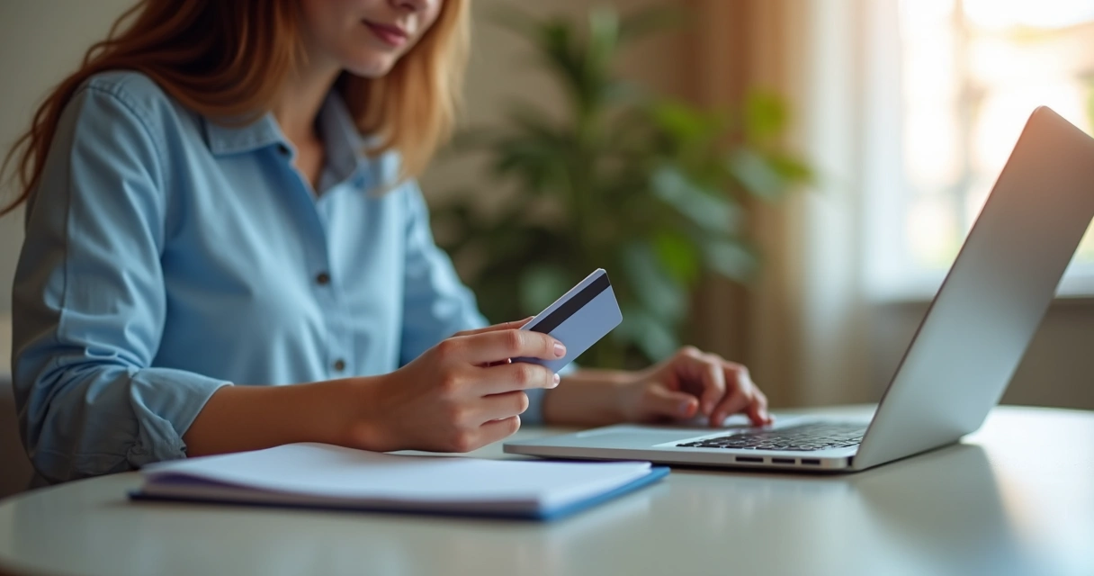 Pessoa em pausa consciente antes de comprar com cartão e caderno 
