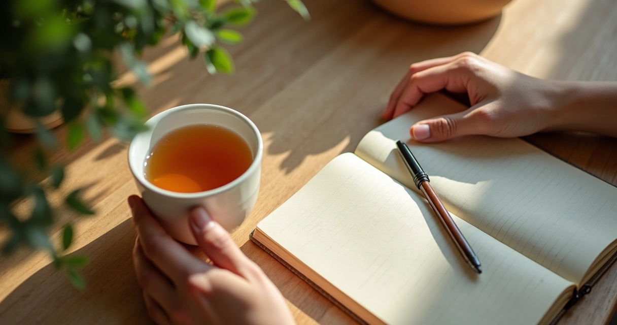 Mãos apoiadas em uma mesa durante uma pausa consciente com caderno e chá