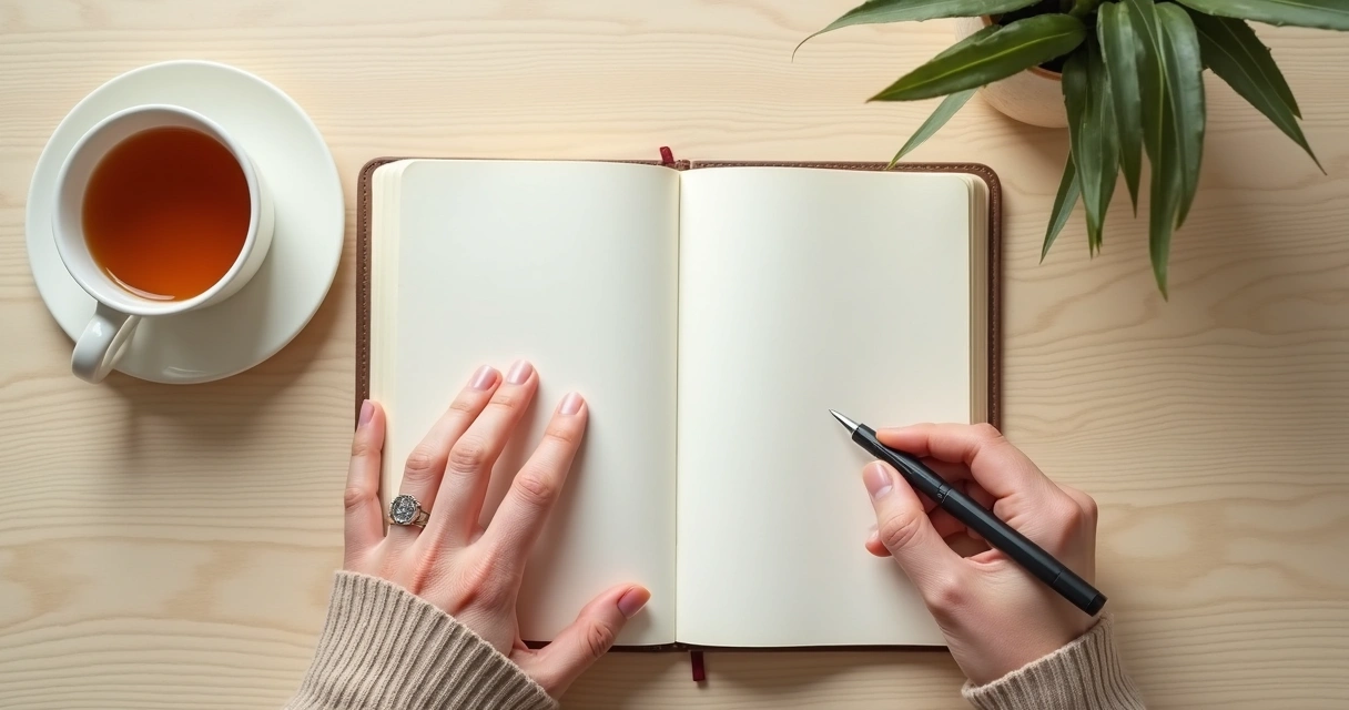Cuaderno abierto, taza y manos en pausa antes de tomar una decisión 