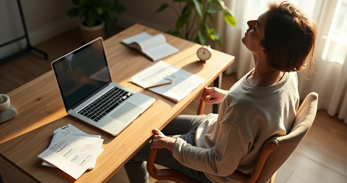 Pessoa em mesa de trabalho afastando a cadeira para fazer pausa consciente antes de decidir 