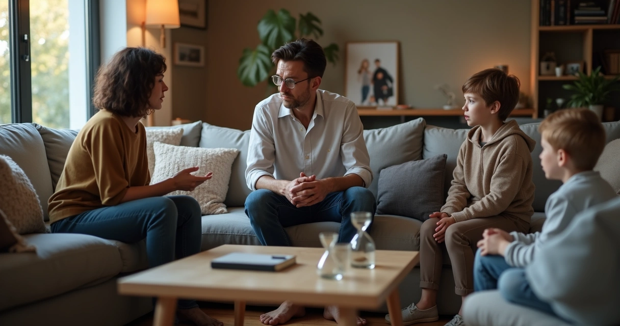 Sala de estar con familia en silencio y adulto haciendo una pausa en medio del diálogo 
