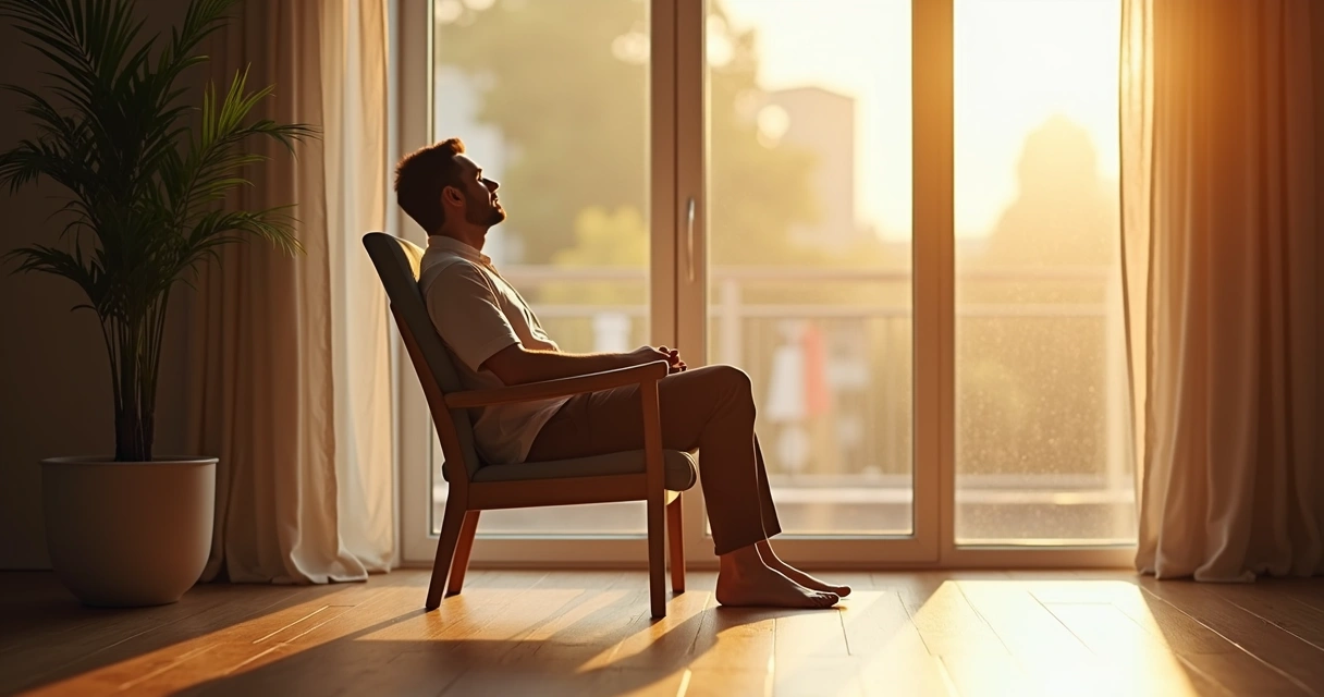 Homem sentado na cadeira olhando pela janela com luz suave. 