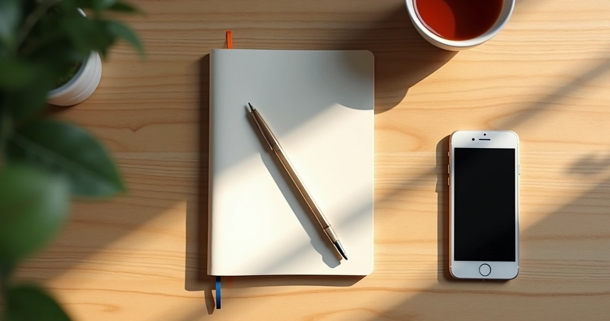 Caderno, celular virado para baixo e xícara em momento de pausa consciente