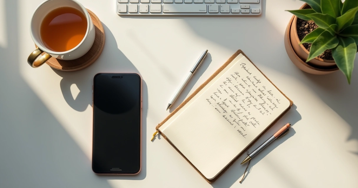 Mesa com celular fechado, caderno e xícara de chá 