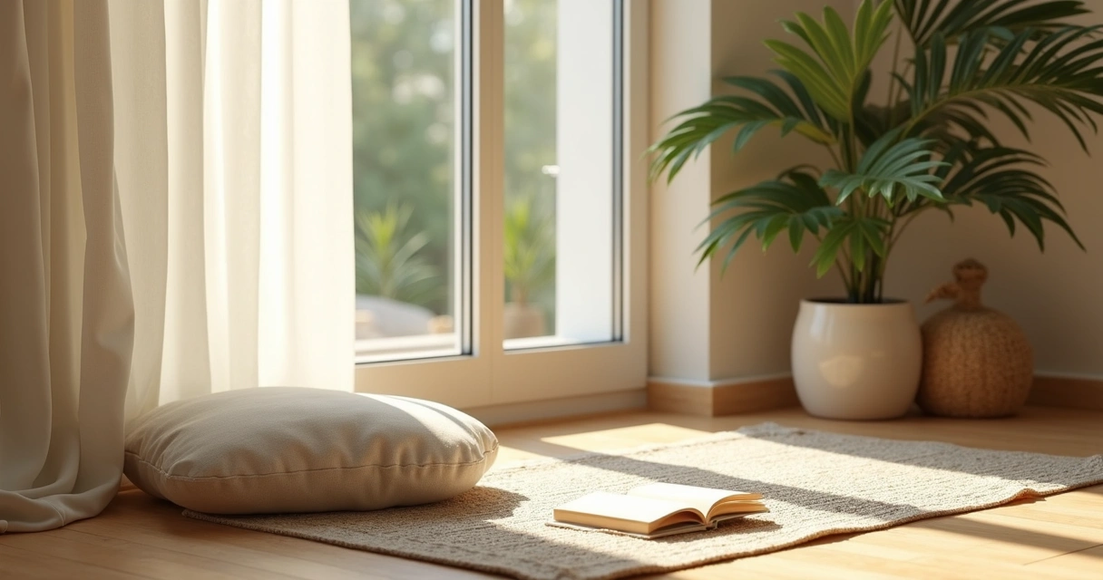 Espacio tranquilo en casa preparado para una pausa consciente con cojín y luz suave