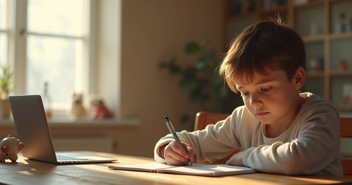 Persona sentada en casa haciendo una pausa consciente frente a un cuaderno